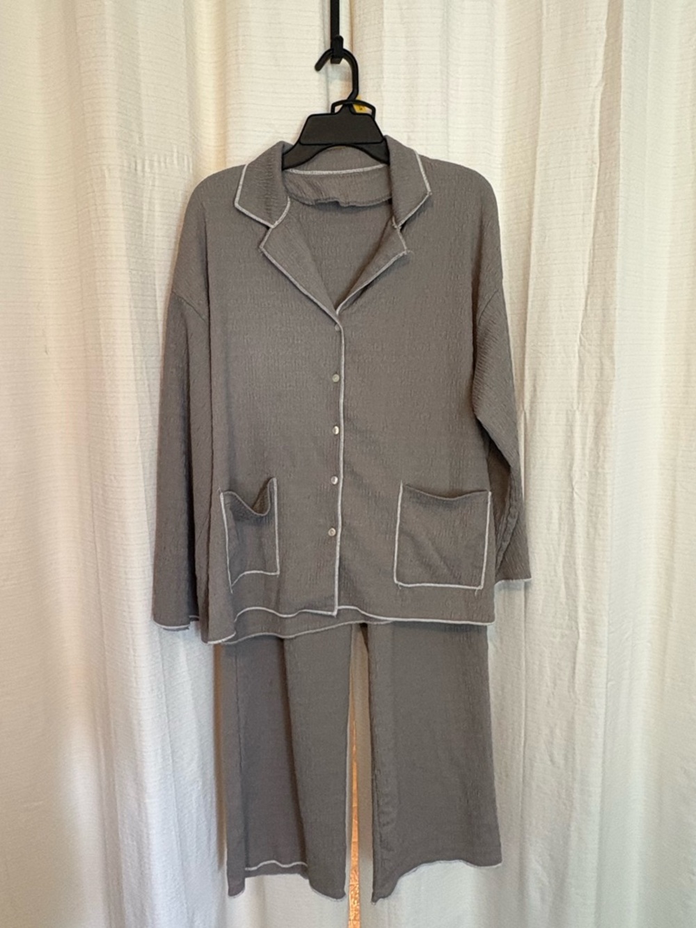 Amazon Women's Gray Button-Front Lounge Pajama Set with Contrast Trim